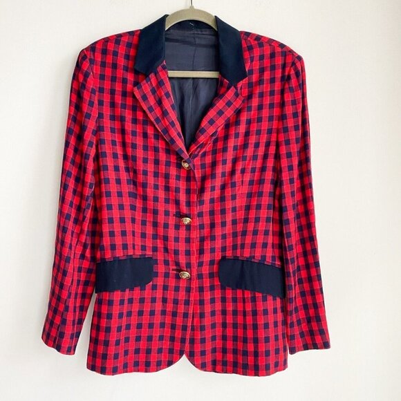 Vintage 90s Simin T  Moschino Plaid Check Print Red Navy Blue Classic Blazer S - Picture 1 of 5